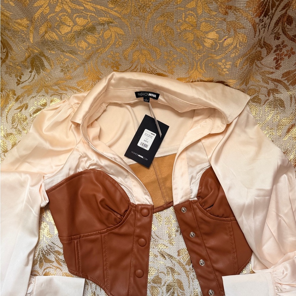 Fashion Nova Cream Blouse with Tan Corset